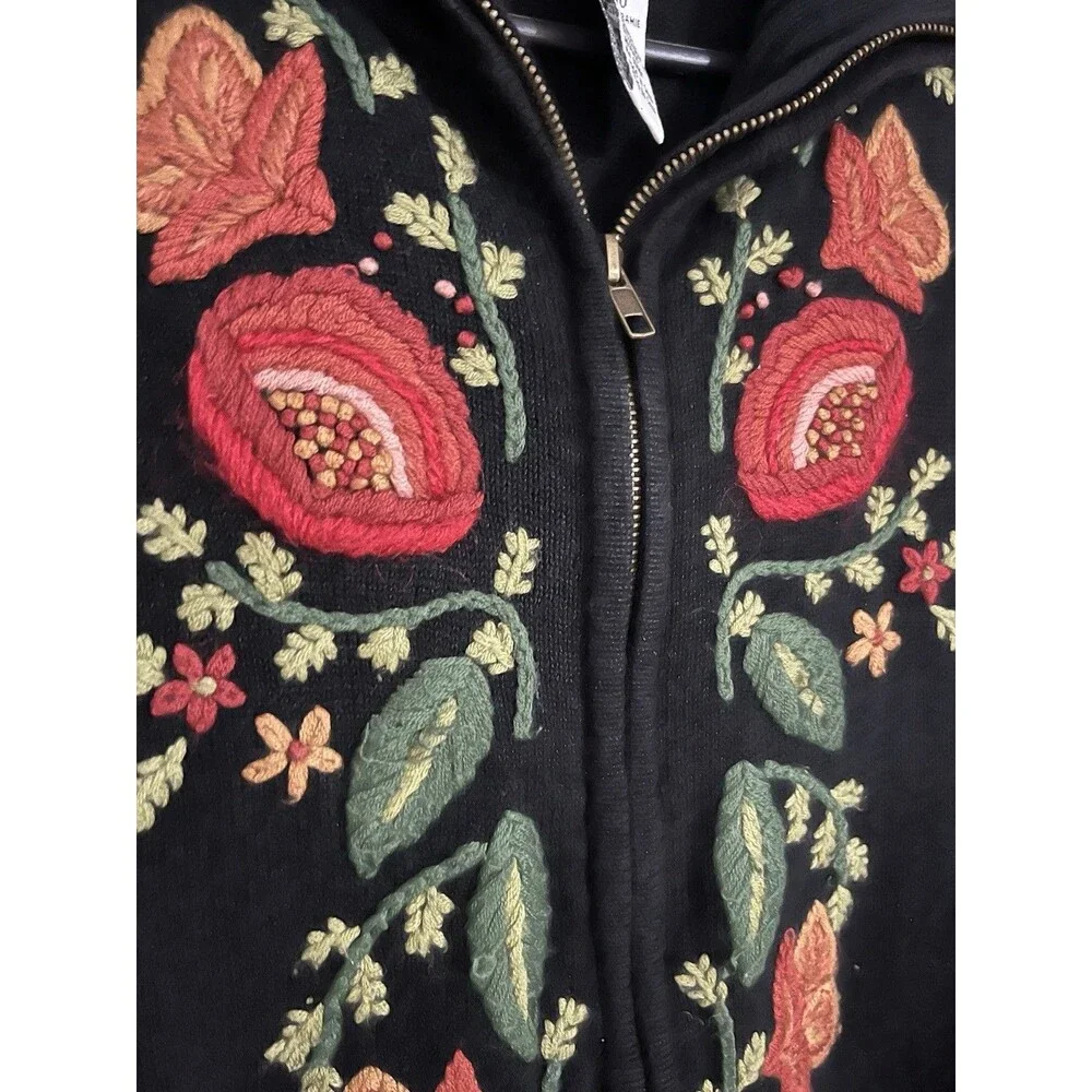 Vintage Tiara International Zip Cardigan Medium Embroidered Granny Cottage Ramie